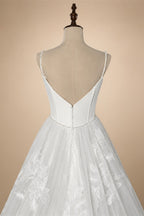 Elegant White Spaghetti Strap Satin Bodice Lace Tulle Wedding Dress with Train ZP065