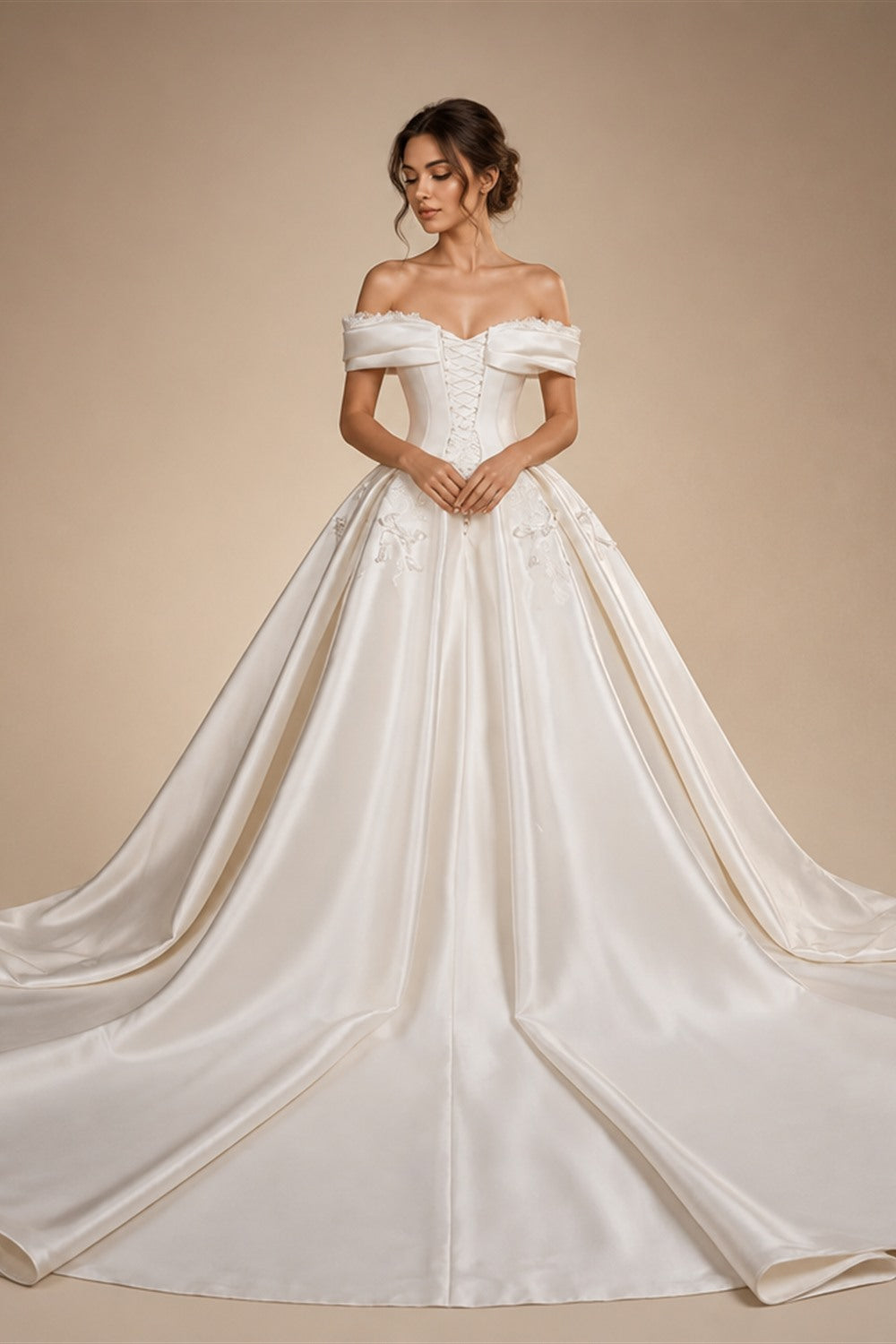 Off the Shoulder White Satin Ball Gown Flower Girl Dress with Long Cathedral Train ZP017