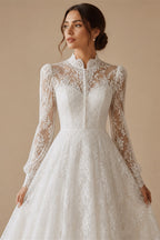 White Floral Lace Ball Gown Wedding Dress with Sweetheart Neckline and Detachable Long Sleeves ZP015