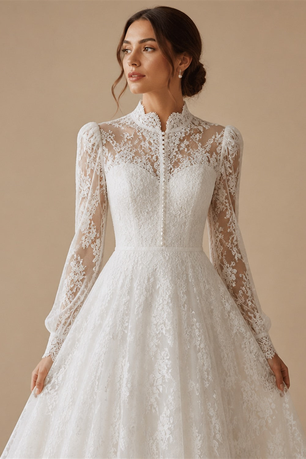 White Floral Lace Ball Gown Wedding Dress with Sweetheart Neckline and Detachable Long Sleeves ZP015