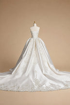 White Satin Strapless Ball Gown Wedding Dress with Luxurious Beaded Lace and Cathedral Train ZP016