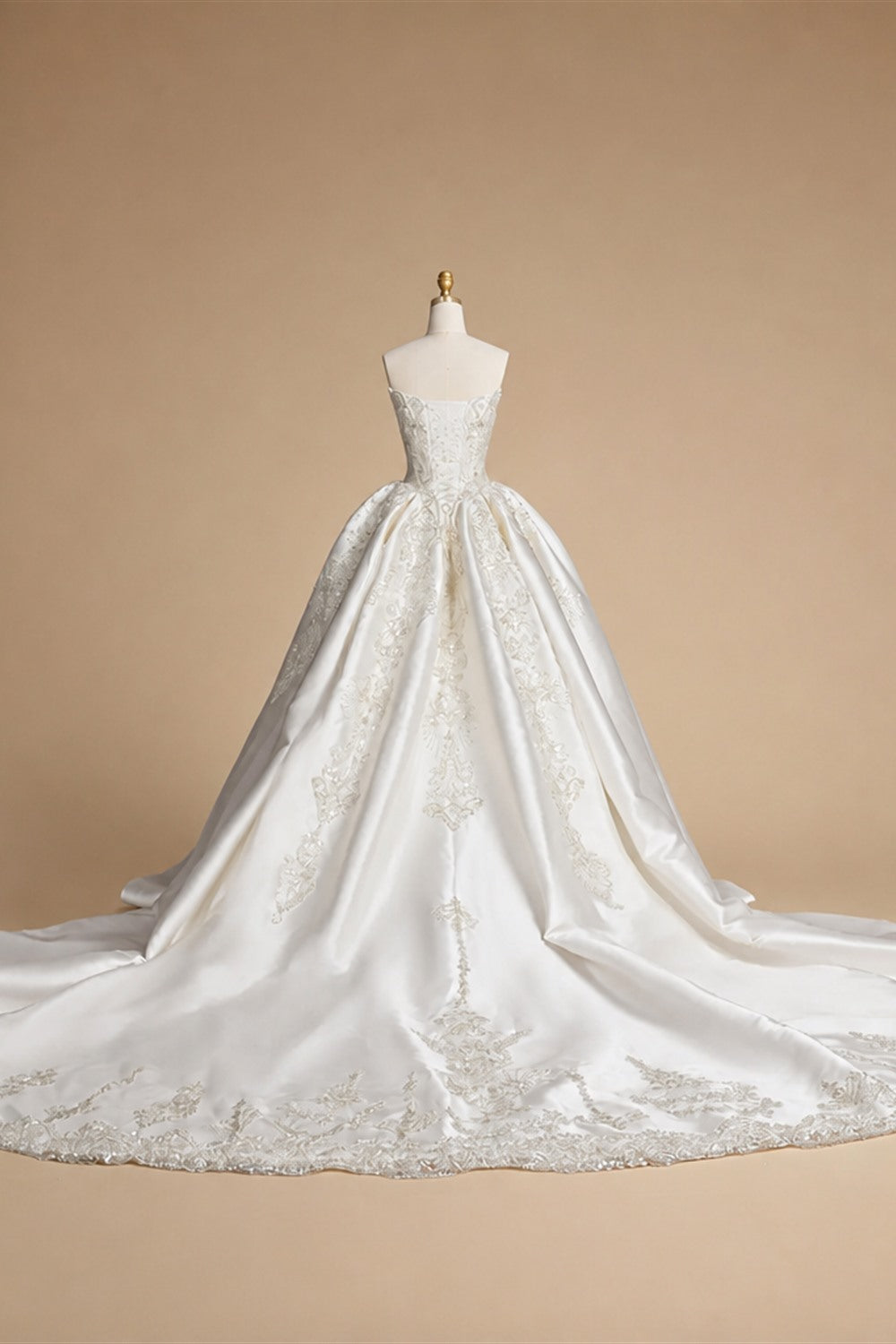 White Satin Strapless Ball Gown Wedding Dress with Luxurious Beaded Lace and Cathedral Train ZP016