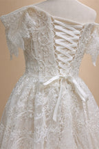 Off White Elegant Lace Pearl Embroidery Ball Gown Wedding Dress ZP168