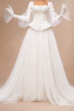 Luxury Ivory Off-the-Shoulder Lace Corset Tulle Train Wedding Dress ZP135