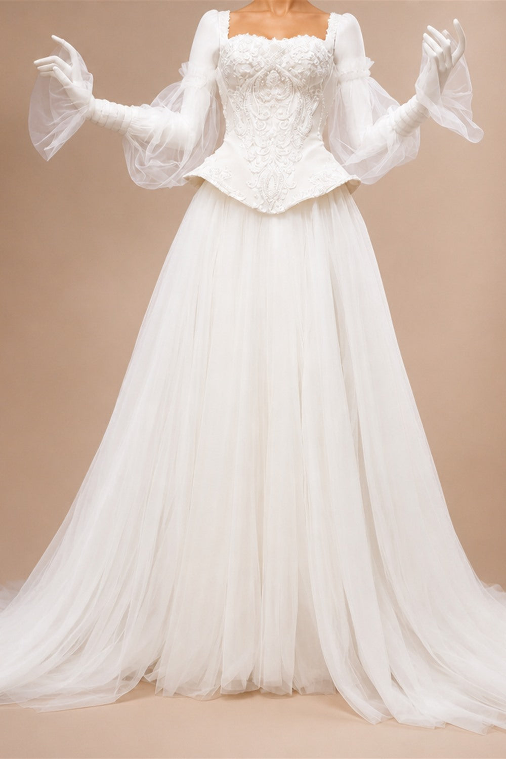 Luxury Ivory Off-the-Shoulder Lace Corset Tulle Train Wedding Dress ZP135