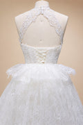 Luxury White A-Line Wedding Dress with Lace Embroidery and Overskirt ZP167