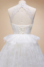 Luxury White A-Line Wedding Dress with Lace Embroidery and Overskirt ZP167