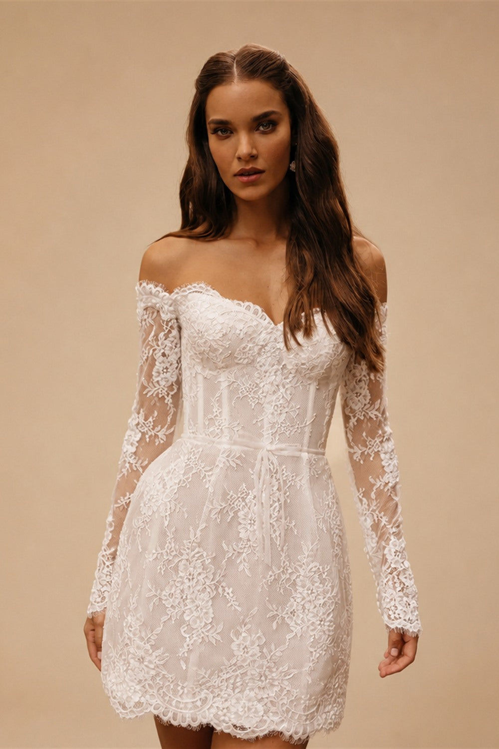Luxury Ivory Off-the-Shoulder Long Sleeve Lace Mini Wedding Dress ZP134