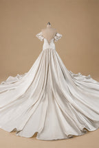 Romantic White Satin Off-the-Shoulder Puff Sleeve Ball Gown Wedding Dress ZP113