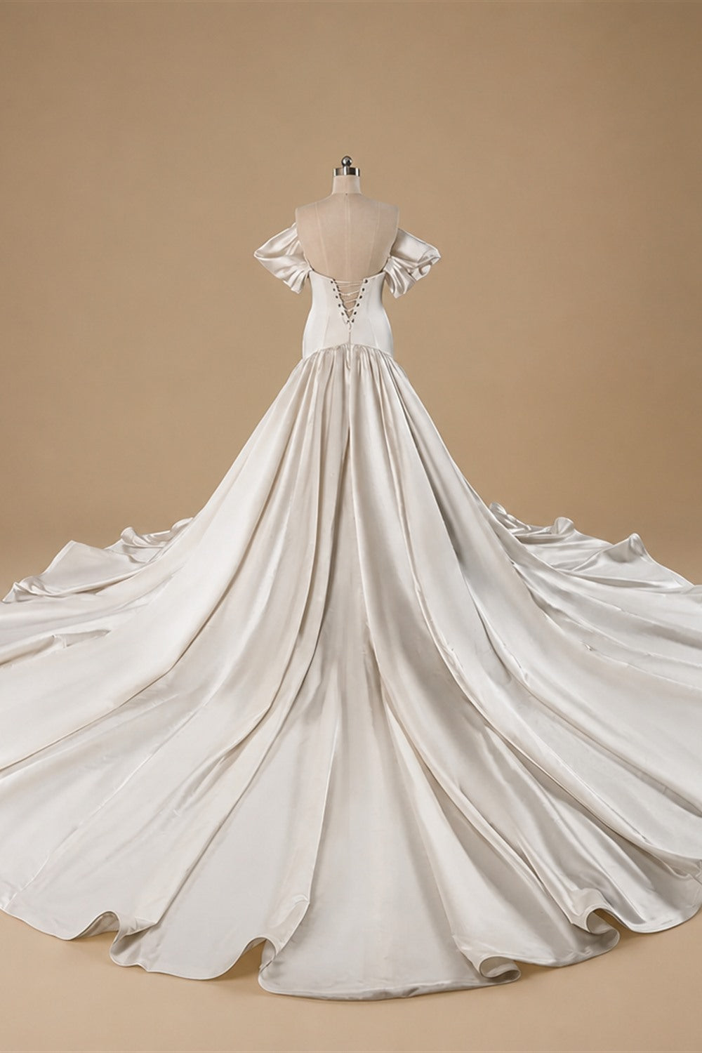 Romantic White Satin Off-the-Shoulder Puff Sleeve Ball Gown Wedding Dress ZP113