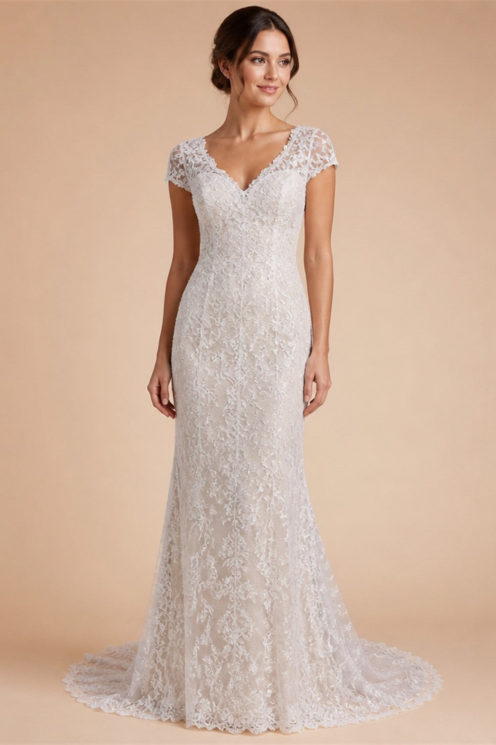 White Nude Lace Mermaid Wedding Dress Luxury Beaded Sequins   Tulle Gloves ZP032