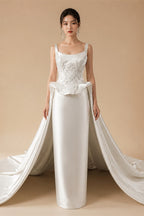 Luxury White Satin Strapless Beaded Ball Gown Train Wedding Dress ZP152