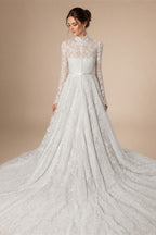 Elegant Printed Lace High Neck Wedding Dress with Train ZP171