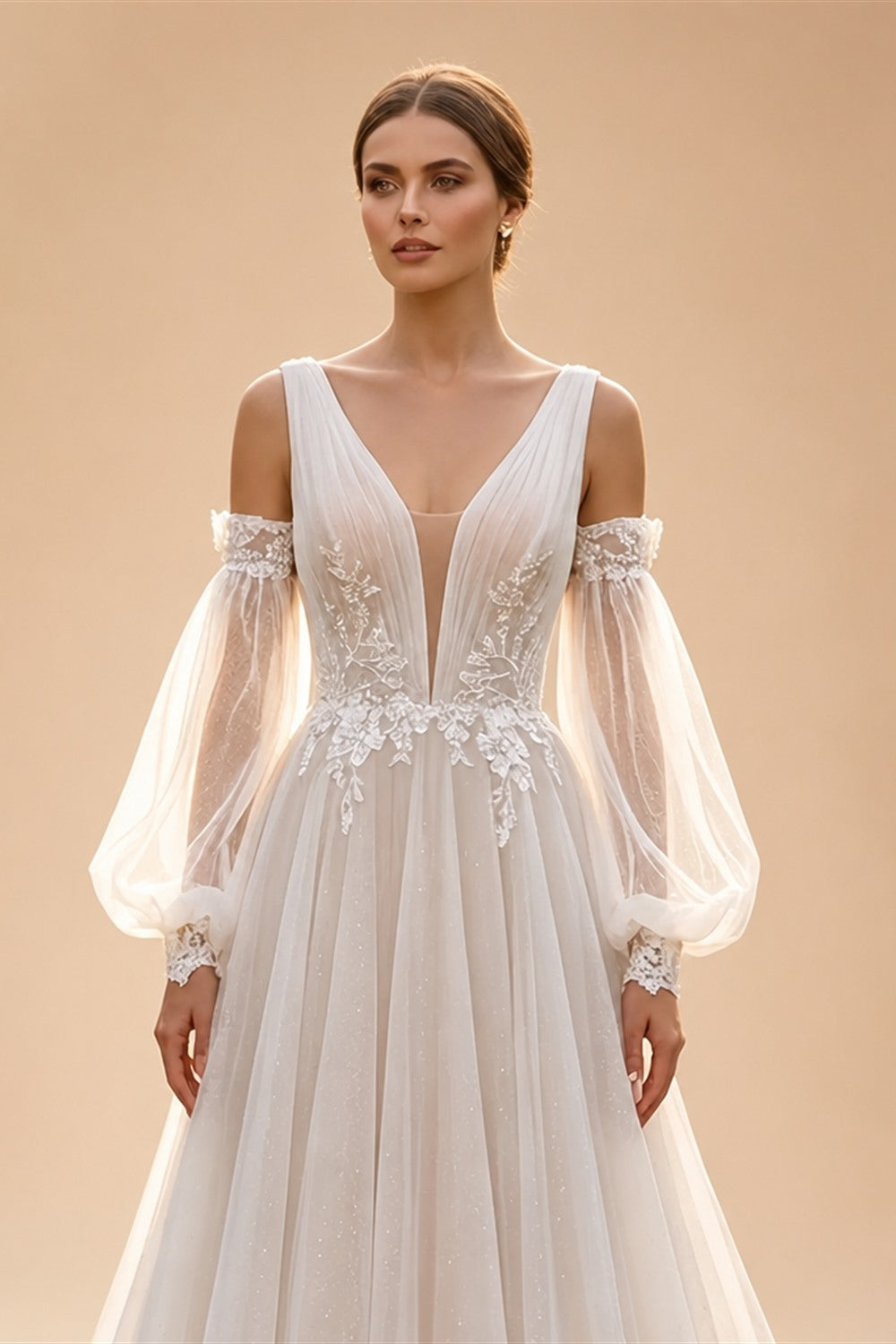 Elegant Ivory V-Neck Detachable Puff Sleeve Lace Tulle Wedding Dress with Train ZP062