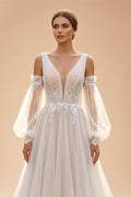Elegant Ivory V-Neck Detachable Puff Sleeve Lace Tulle Wedding Dress with Train ZP062