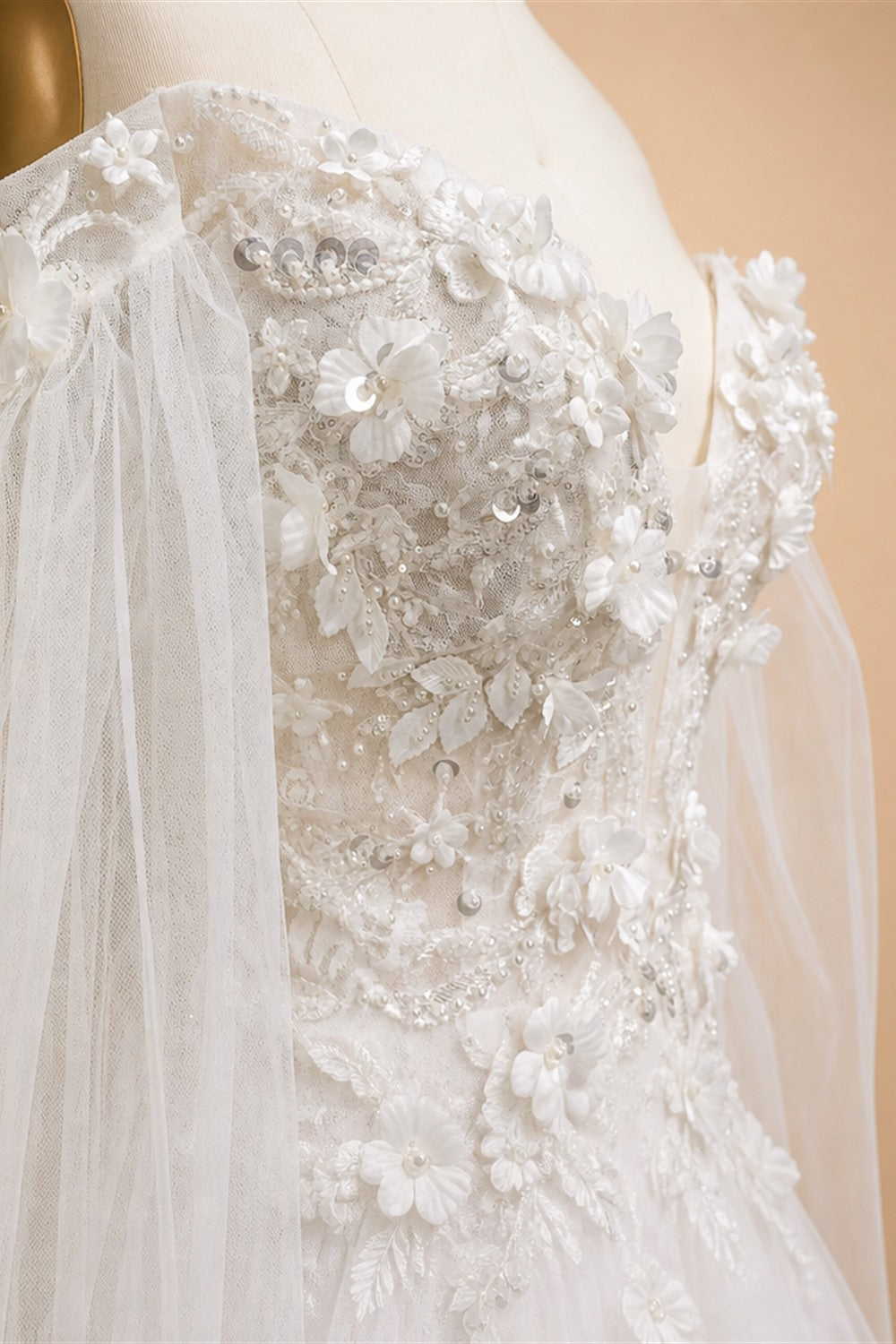 White  Off‑The‑Shoulder Puff Sleeve 3D Floral Mermaid Wedding Dress ZP005