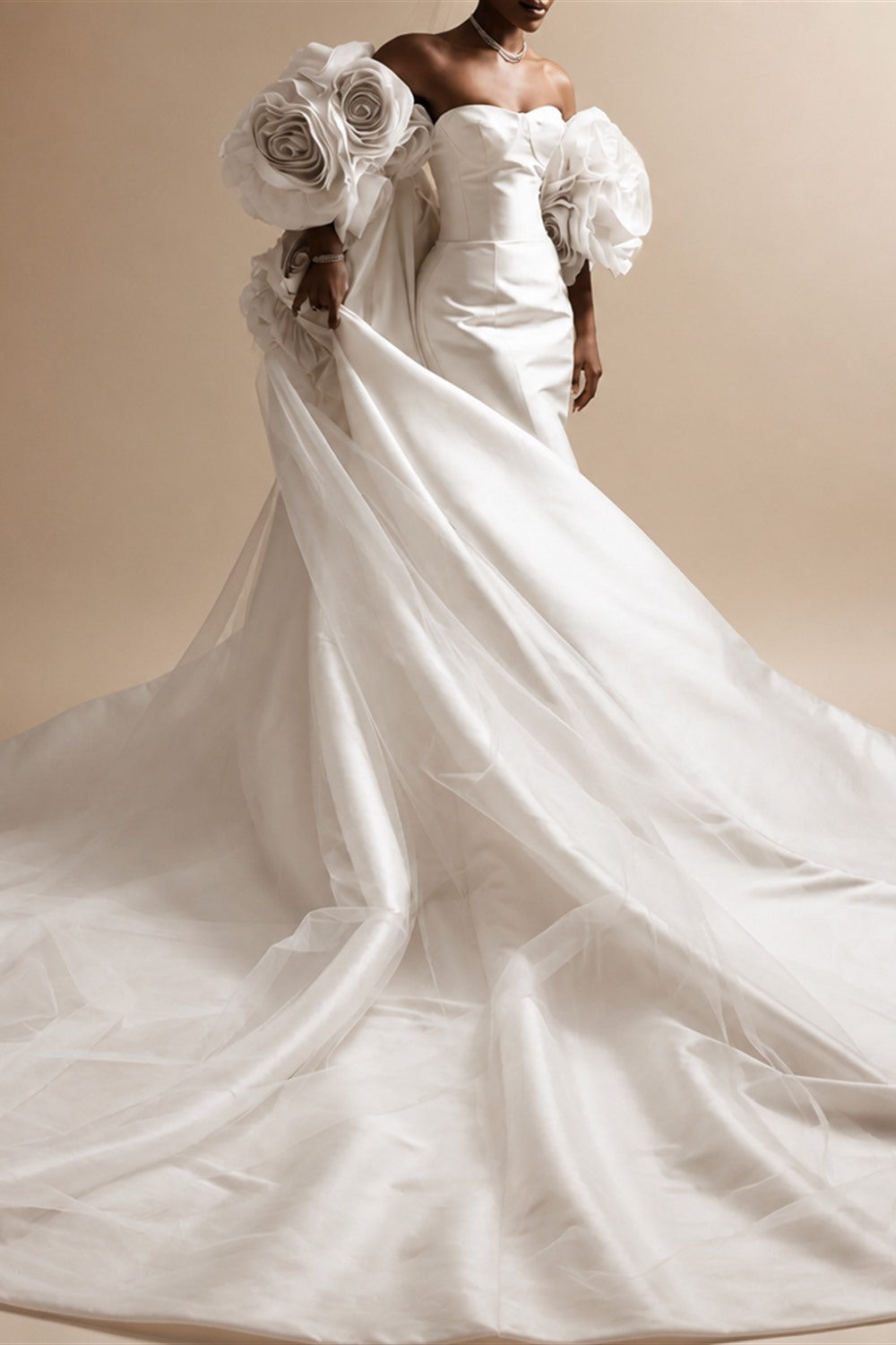 Ivory  Satin Mermaid Wedding Dress 3D Giant Rose Floral With Veil  ZP034