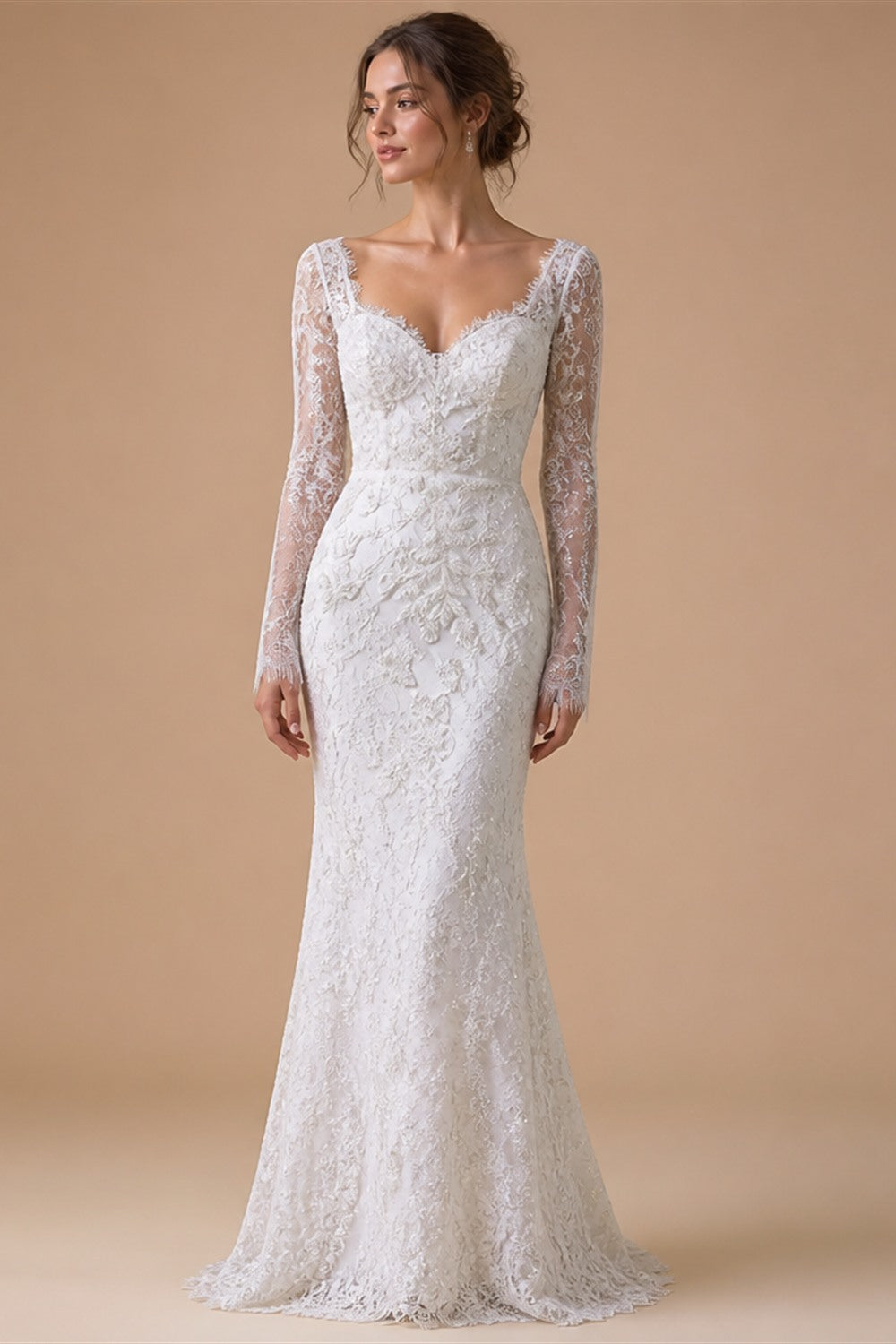 Elegant Printed Crystal Sheer Lace Mermaid Wedding Dress ZP169