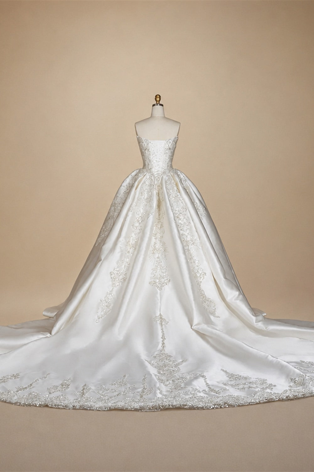 White Satin Strapless Ball Gown Wedding Dress with Luxurious Beaded Lace and Cathedral Train ZP016