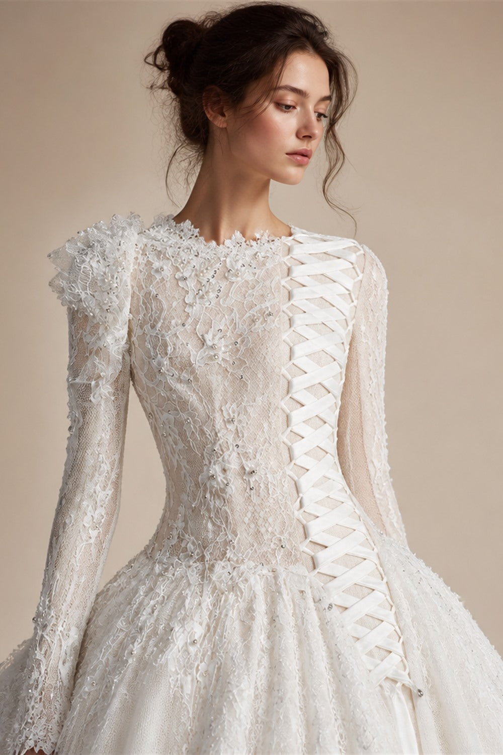 White Lace and Tulle Ball Gown Wedding Dress Off the Shoulder Beaded Bridal Dress ZP013