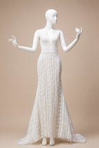 Elegant Ivory High Neck Sheer Lace Long Sleeves Mermaid Wedding Dress with Veil ZP085