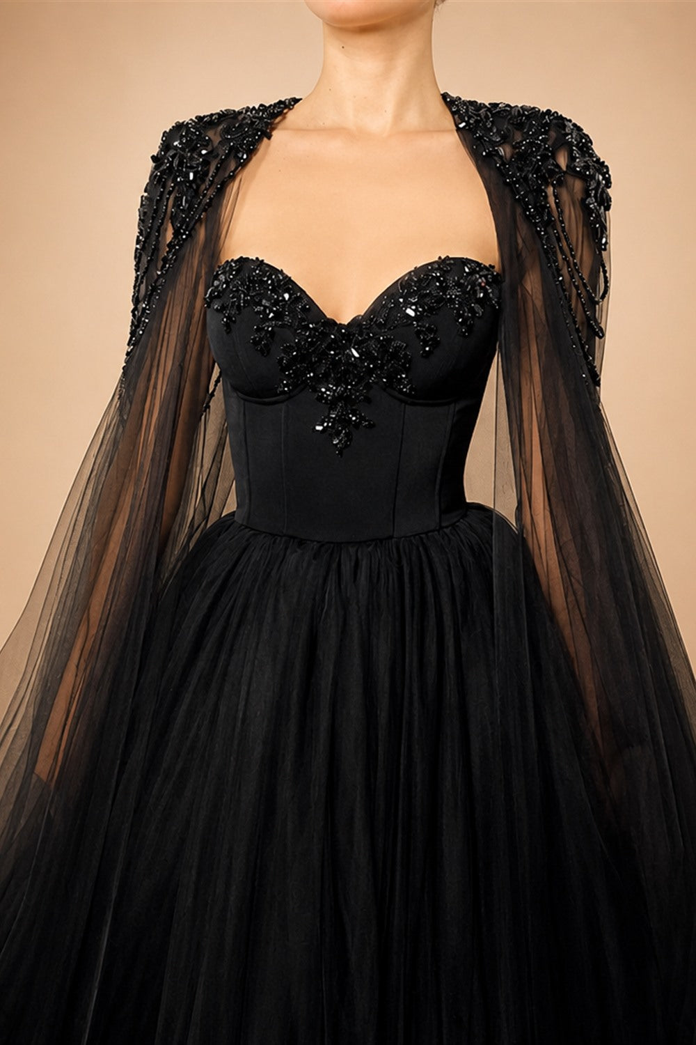 Black Luxury Gothic  Wedding Dress Beaded Tulle Ball Gown With Sheer Beaded Cape ZP028