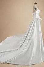 Luxury White Satin Strapless Beaded Ball Gown Train Wedding Dress ZP152