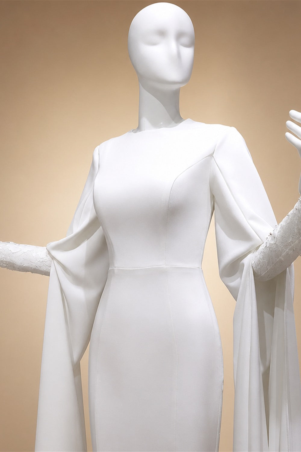 Ivory Minimalist Modest Mermaid Beaded Satin Wedding Dress  Sweep Train ZP031