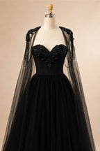 Black Luxury Gothic  Wedding Dress Beaded Tulle Ball Gown With Sheer Beaded Cape ZP028