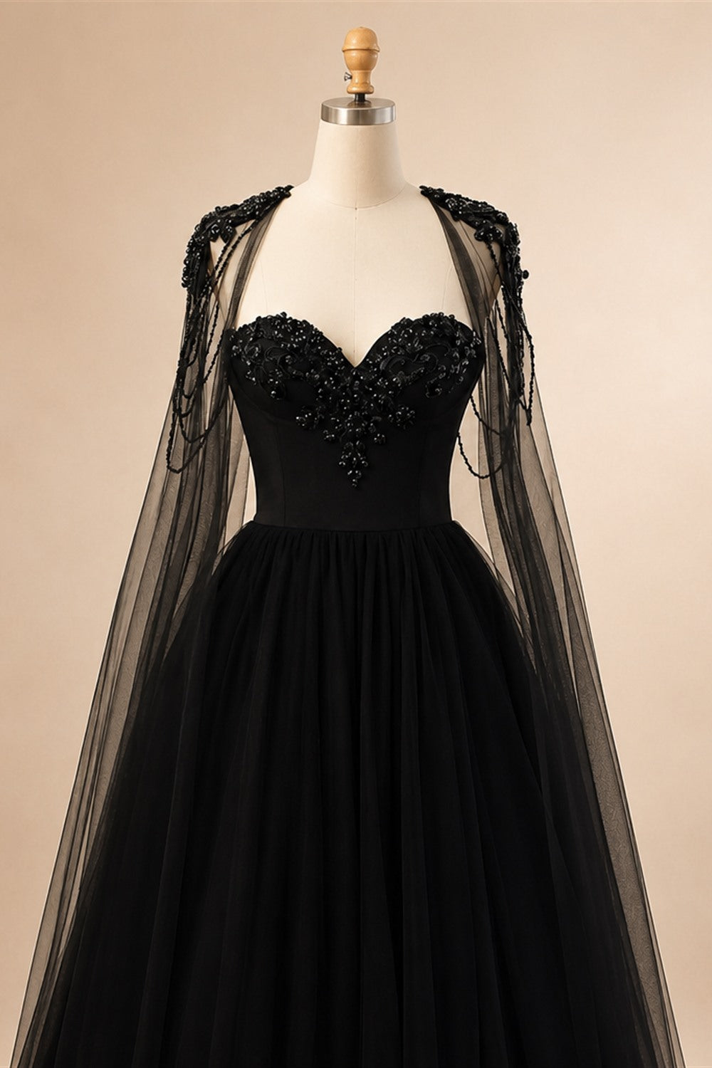 Black Luxury Gothic  Wedding Dress Beaded Tulle Ball Gown With Sheer Beaded Cape ZP028