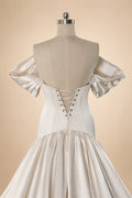 Romantic White Satin Off-the-Shoulder Puff Sleeve Ball Gown Wedding Dress ZP113
