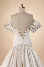 Romantic White Satin Off-the-Shoulder Puff Sleeve Ball Gown Wedding Dress ZP113