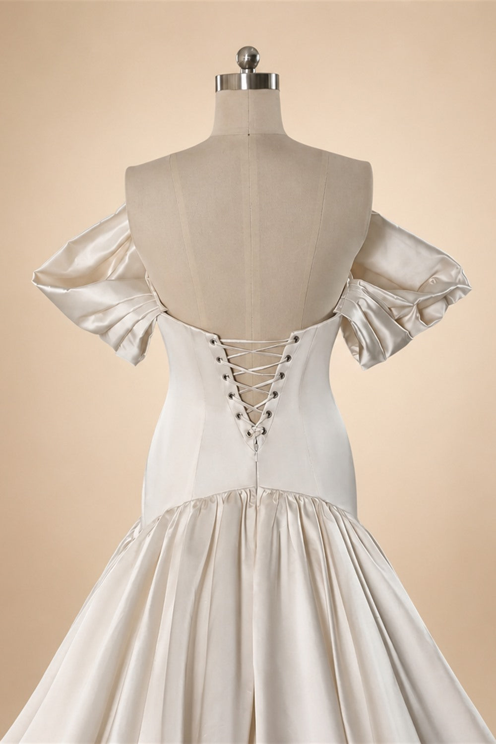 Romantic White Satin Off-the-Shoulder Puff Sleeve Ball Gown Wedding Dress ZP113