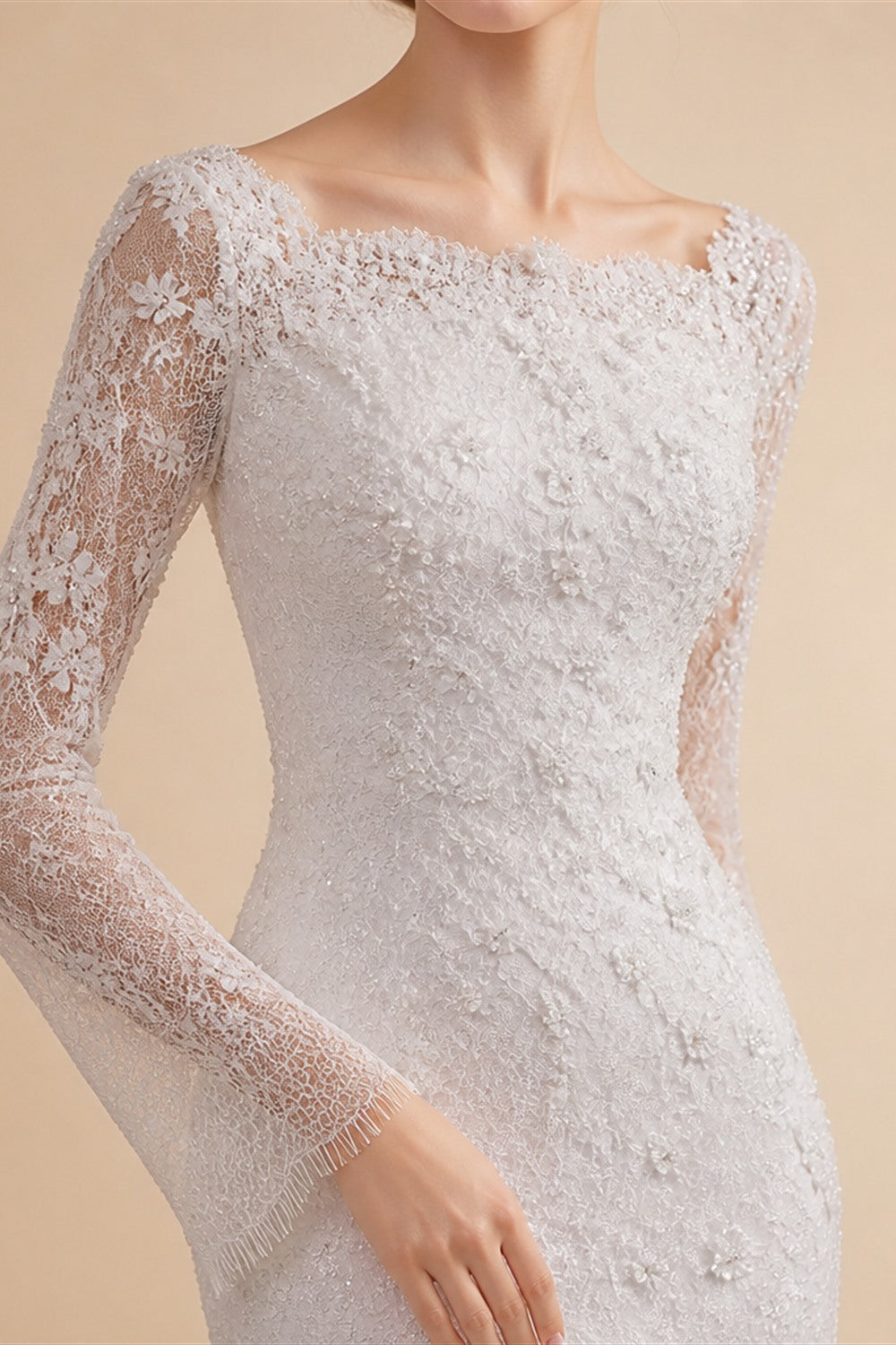 Elegant Printed Crystal Sheer Lace Mermaid Wedding Dress ZP169