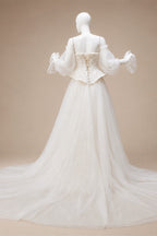 Luxury Ivory Off-the-Shoulder Lace Corset Tulle Train Wedding Dress ZP135