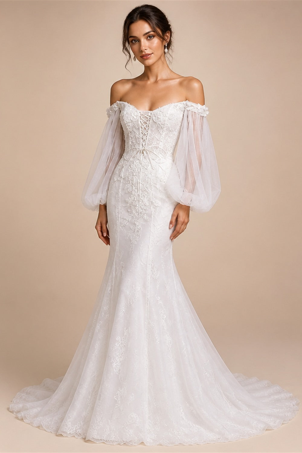 White  Off‑The‑Shoulder Puff Sleeve 3D Floral Mermaid Wedding Dress ZP005