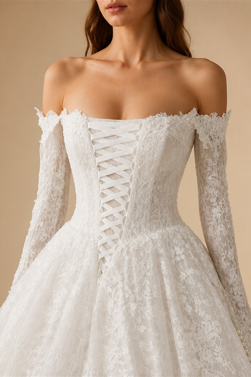 White Floral Lace Ball Gown Wedding Dress with Sweetheart Neckline and Detachable Long Sleeves ZP015