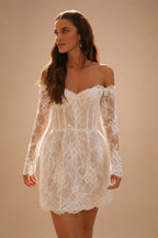 Luxury Ivory Off-the-Shoulder Long Sleeve Lace Mini Wedding Dress ZP134