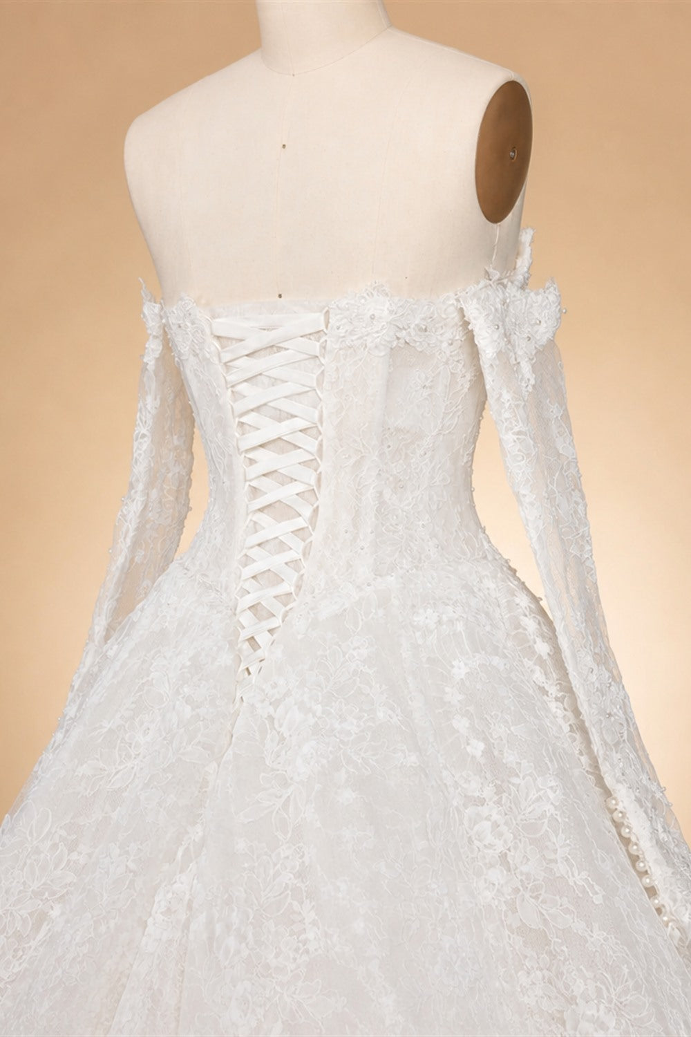 White Floral Lace Ball Gown Wedding Dress with Sweetheart Neckline and Detachable Long Sleeves ZP015
