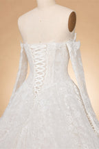 White Floral Lace Ball Gown Wedding Dress with Sweetheart Neckline and Detachable Long Sleeves ZP015