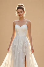 Elegant White Spaghetti Strap Satin Bodice Lace Tulle Wedding Dress with Train ZP065