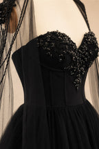 Black Luxury Gothic  Wedding Dress Beaded Tulle Ball Gown With Sheer Beaded Cape ZP028