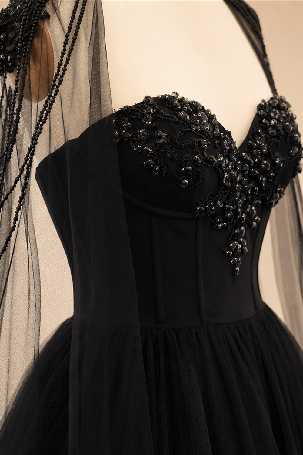 Black Luxury Gothic  Wedding Dress Beaded Tulle Ball Gown With Sheer Beaded Cape ZP028