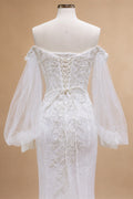 White  Off‑The‑Shoulder Puff Sleeve 3D Floral Mermaid Wedding Dress ZP005