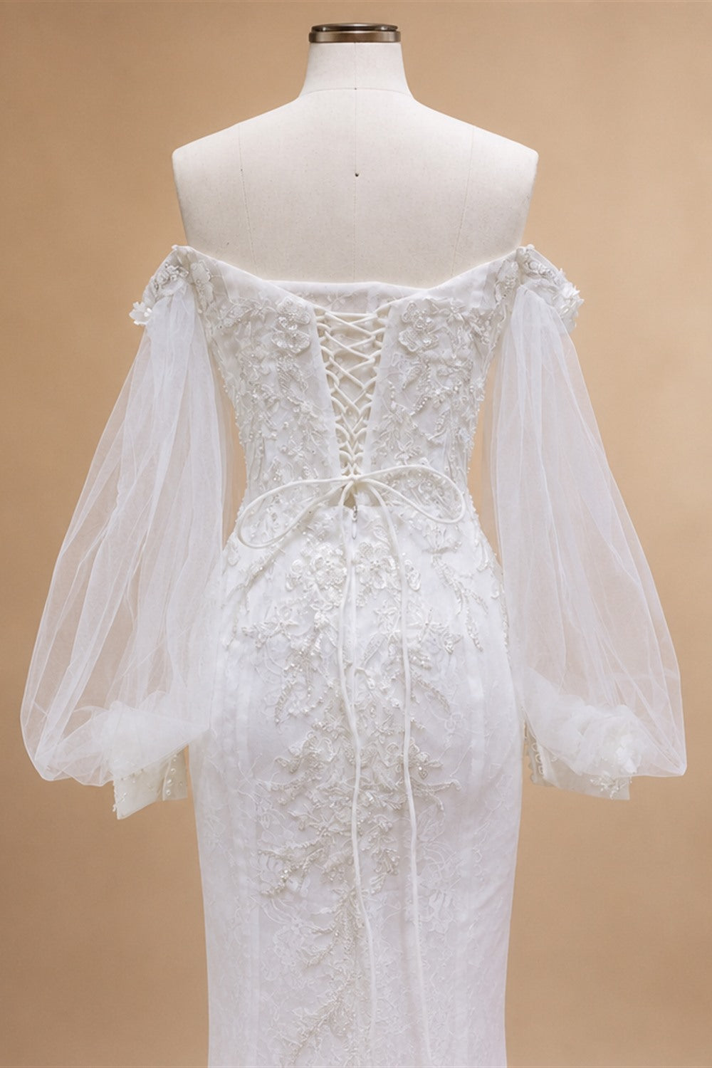 White  Off‑The‑Shoulder Puff Sleeve 3D Floral Mermaid Wedding Dress ZP005