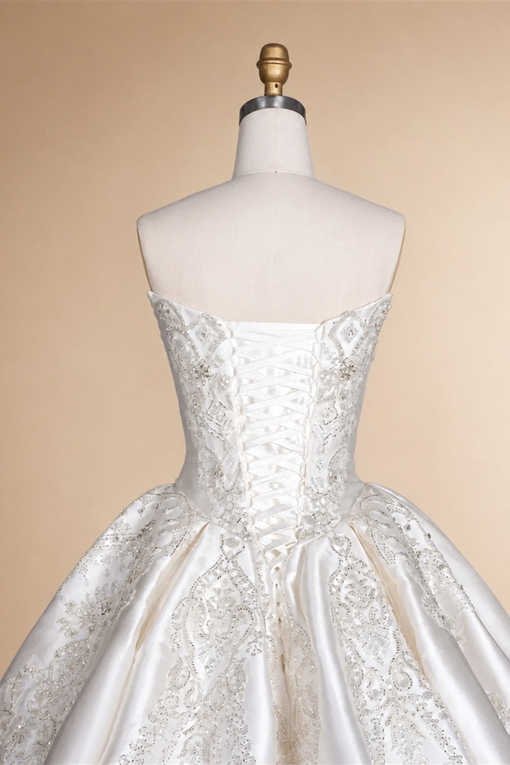 White Satin Strapless Ball Gown Wedding Dress with Luxurious Beaded Lace and Cathedral Train ZP016