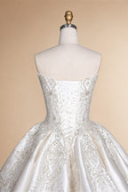 White Satin Strapless Ball Gown Wedding Dress with Luxurious Beaded Lace and Cathedral Train ZP016