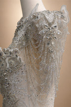 Luxury Satin Ivory Ball Gown with Silver Floral Embroidery Wedding Dress ZP165