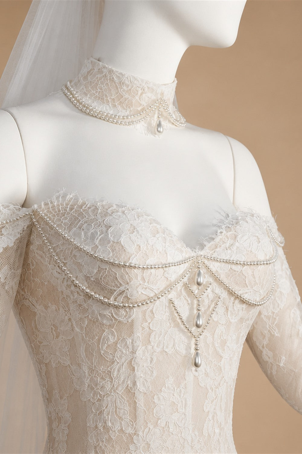 Elegant Ivory Sweetheart Neckline Sheer Lace Mermaid Wedding Dress with Veil ZP133