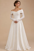 Ivory Minimalist Modest Mermaid Beaded Satin Wedding Dress  Sweep Train ZP031